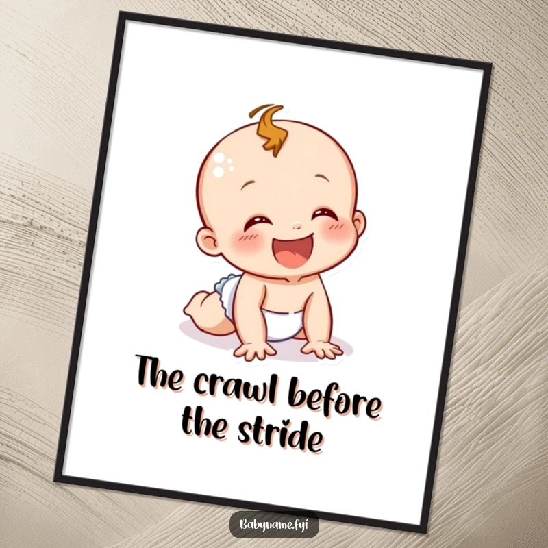 Funny Free Printable Wall Art: A joyful baby character in a diaper crawling with excitement, adding playful charm to any room. Downloadable art!