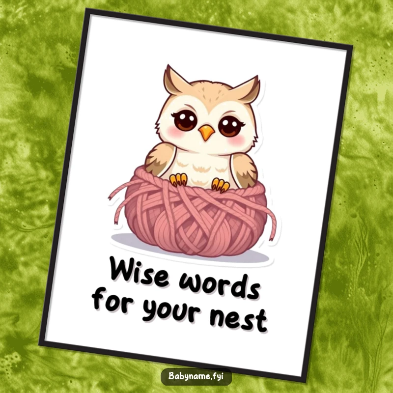 Funny free printable wall art featuring a cute baby owl peeking from a knitted nest, perfect for nursery or whimsical decor.