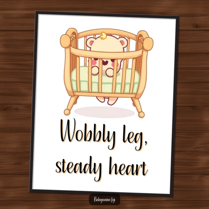 Funny Free Printable Wall Art: A crib railing with one leg comically tilted, ready to rock and roll, perfect for a whimsical nursery.