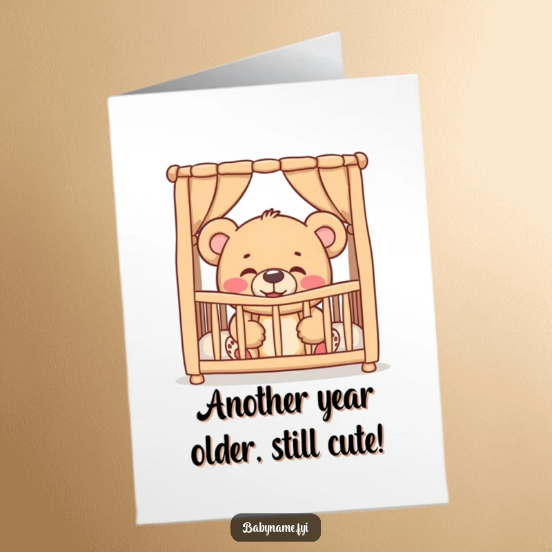 Funny Free Printable Birthday Card: Giggling teddy bear peeking from crib, spreading birthday cheer with a smile.