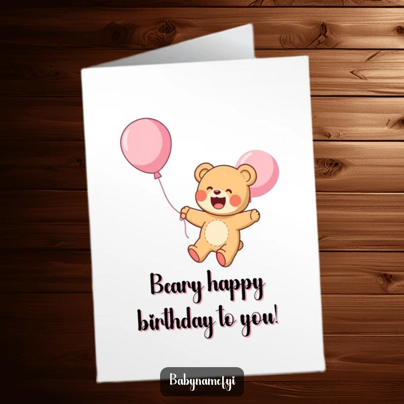 Funny Free Printable Birthday Card: A giggling teddy bear joyfully floats upwards, carried by a single, buoyant balloon.