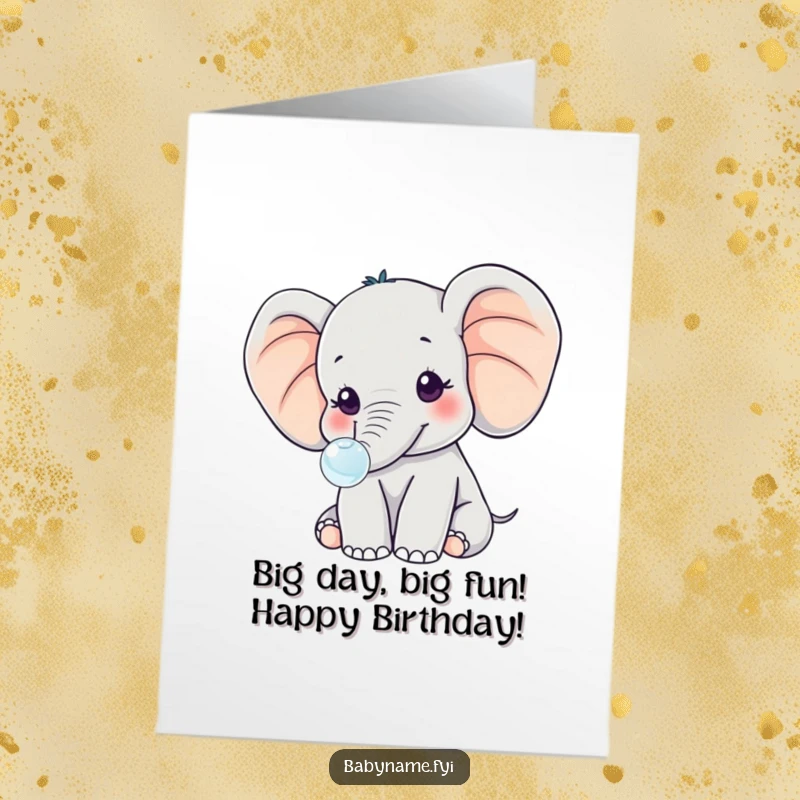 Funny Free Printable Birthday Card: Kawaii baby elephant with huge ears blowing a tiny bubble, wishing a happy birthday.