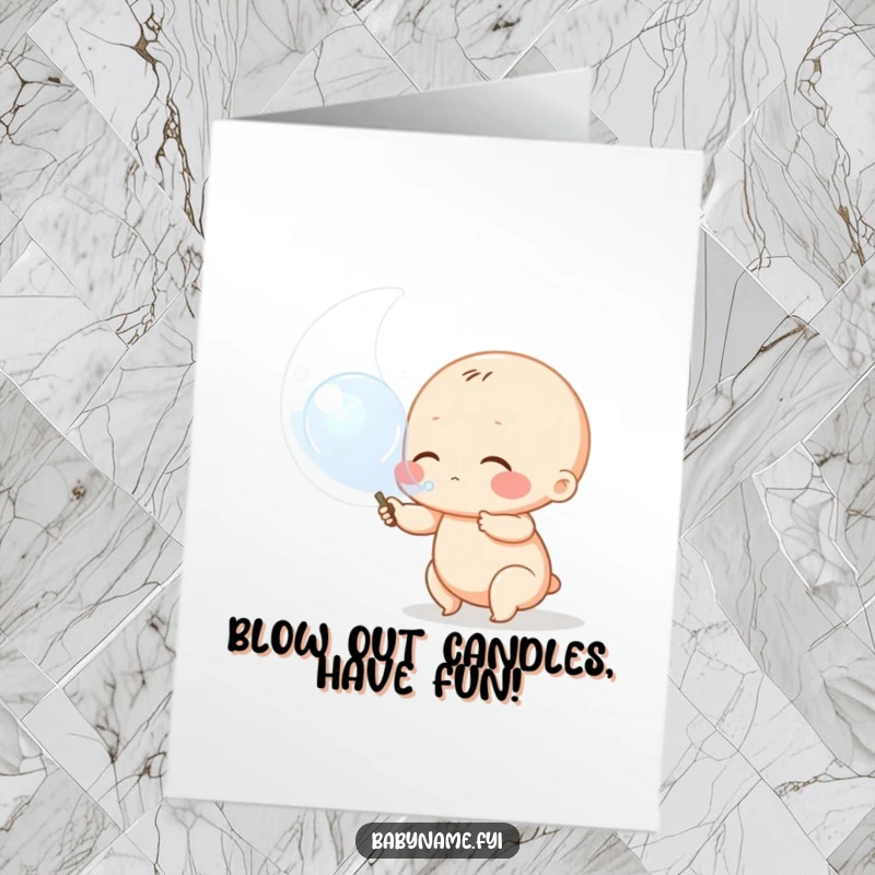 Funny Free Printable Birthday Card: Chubby baby character blowing a huge bubble from a wand, a cheerful birthday greeting.