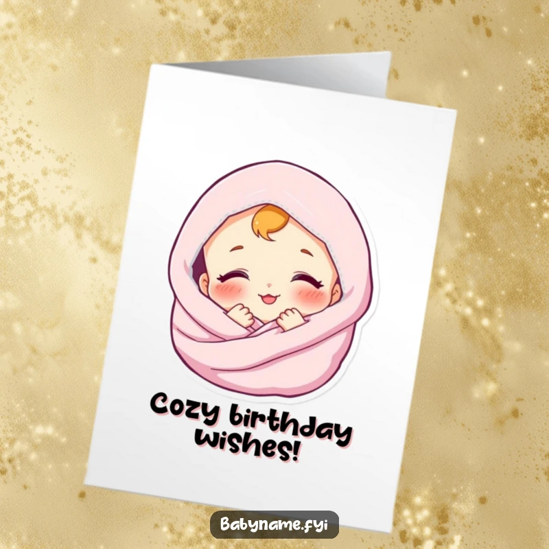 Funny free printable birthday card: a contented baby wrapped in a soft blanket, beaming a happy smile.