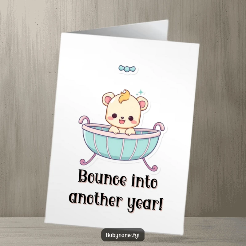 Funny Free Printable Birthday Card: A baby animal gleefully bouncing in a cradle, ready for a party.