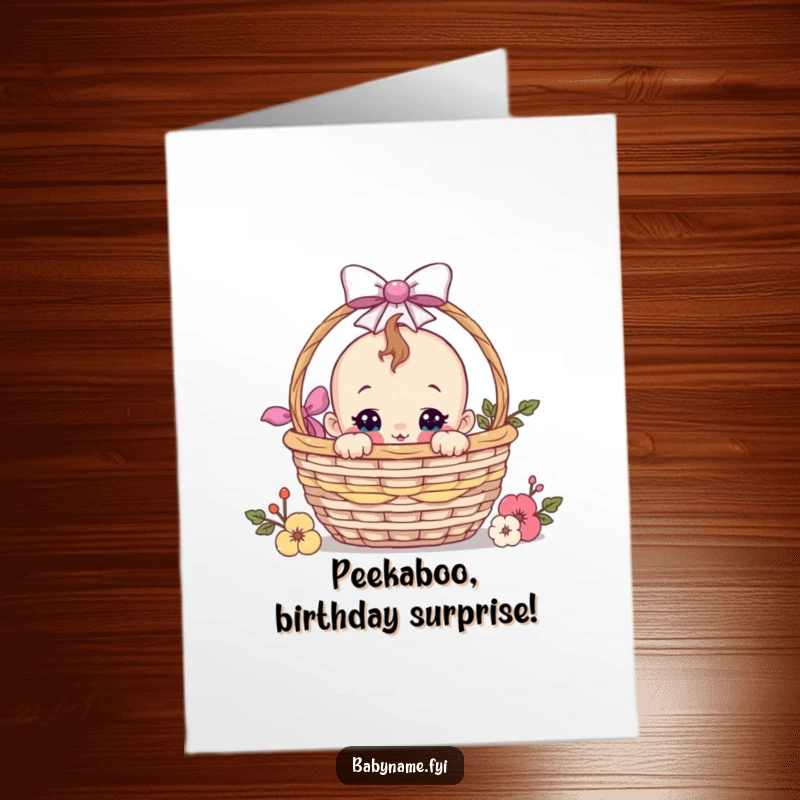 Funny Free Printable Birthday Card showing a curious baby character popping their head out of a decorated gift basket, ready for fun.