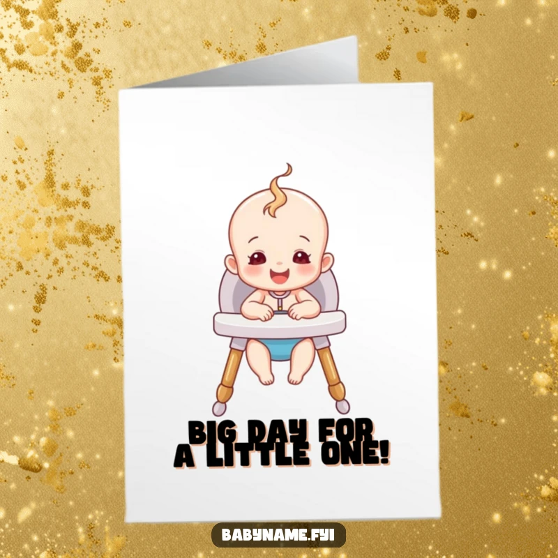 Funny Free Printable Baby Birthday Card: A happy baby character beaming in a cozy, secure high chair, ready to celebrate.