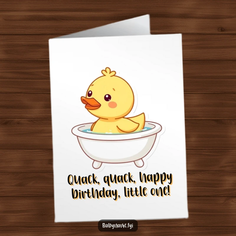 Funny Free Printable Birthday Card: Happy duckling toy bobbing in a tiny bathtub, bringing bath time joy and humor.