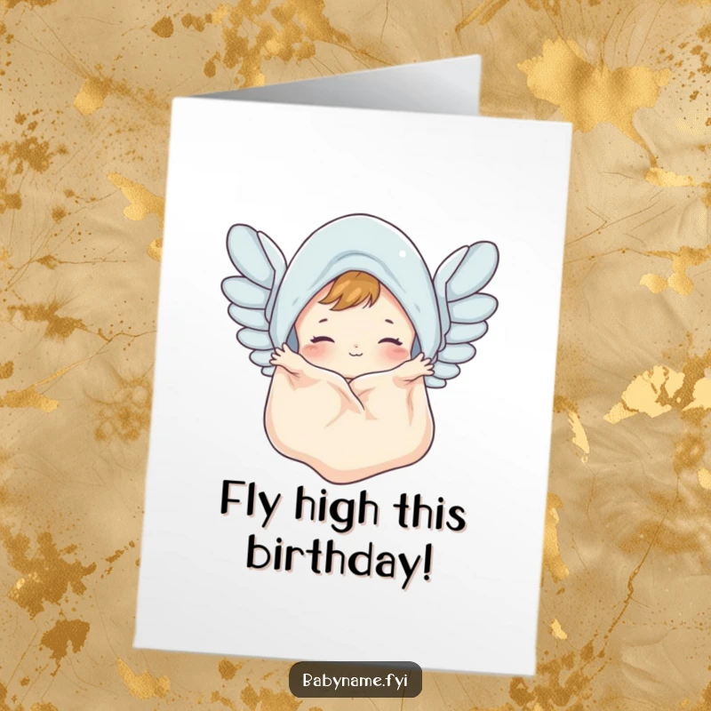 Funny Free Printable Birthday Card: A cute baby blanket flapping enthusiastically like whimsical wings. Downloadable gift.