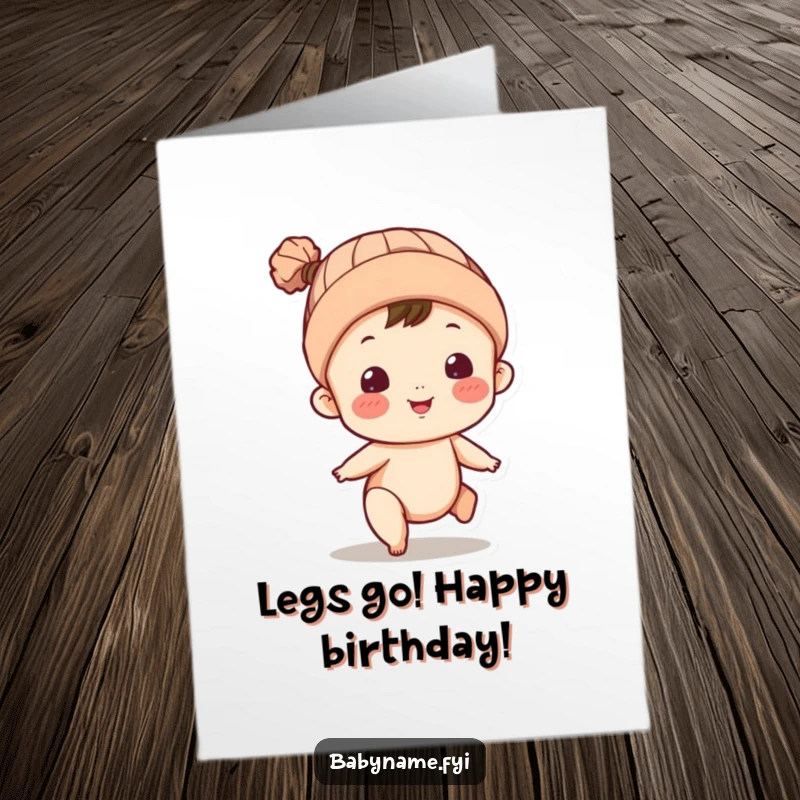 Funny free printable birthday card: playful baby in knitted cap kicking legs with excitement, ready to party.