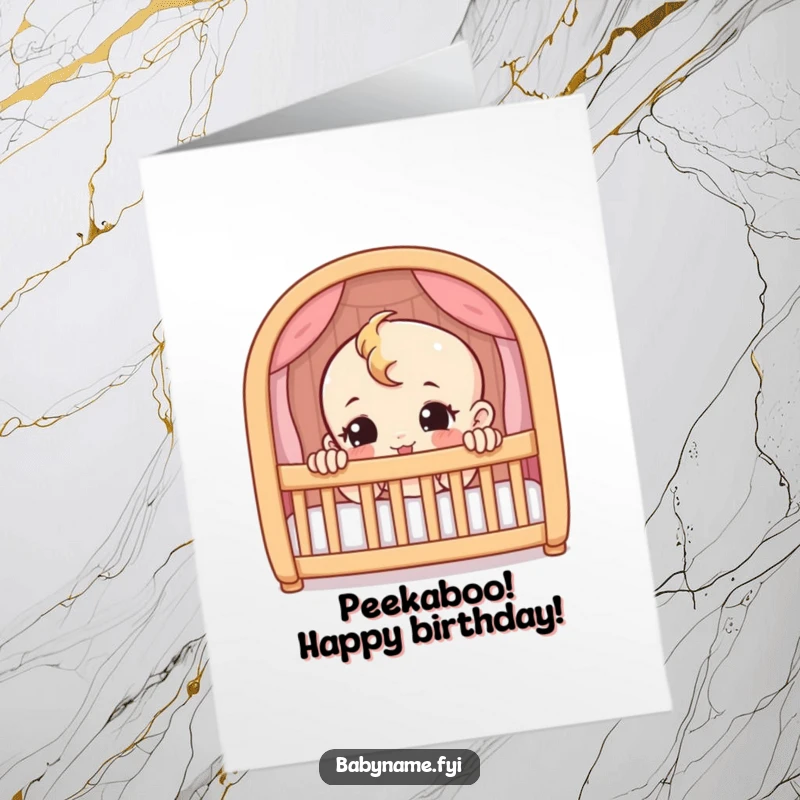 Funny free printable birthday card: a mischievous baby peeking playfully from the bars of a crib.