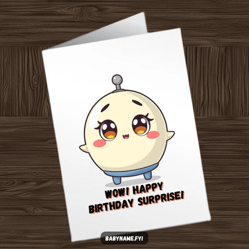 Funny Free Printable Birthday Card: A surprised baby mobile spinning wildly with wide, astonished eyes. Downloadable gift.