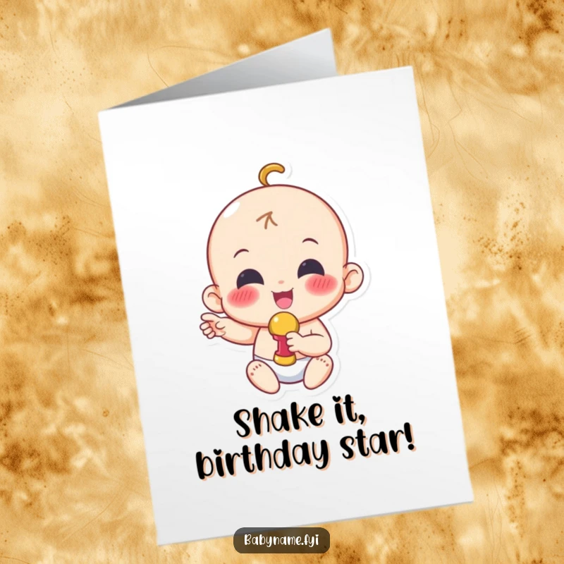 Funny Free Printable Birthday Card featuring an excited baby character gleefully waving a tiny rattle, full of pure joy.