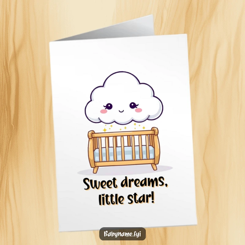 Funny Free Printable Cloud Birthday Card: Playful character sprinkling gentle sparkles over a baby crib, a whimsical DIY gift.
