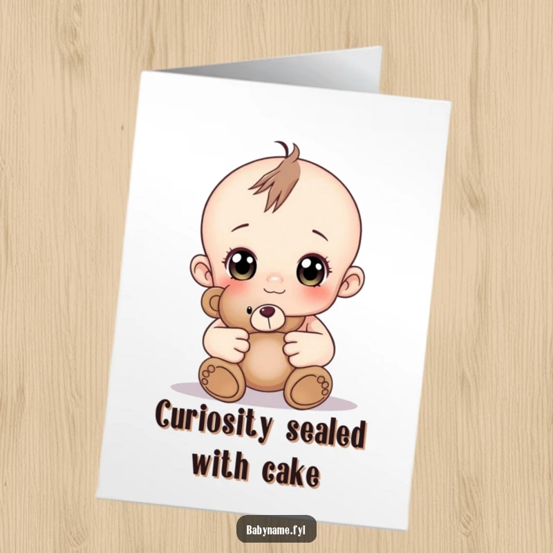 Free Printable Baby Teddy Card: A wide-eyed baby lovingly holding a soft teddy bear, perfect for birthdays.