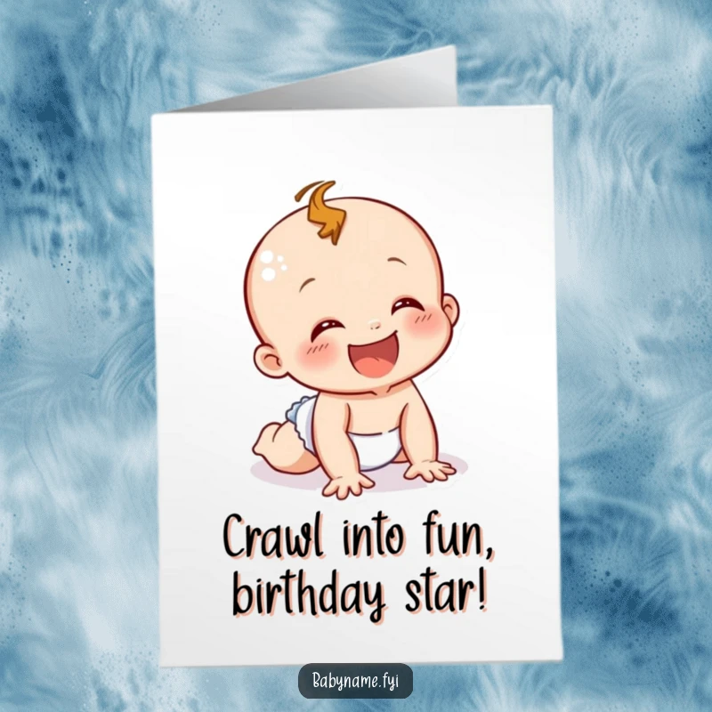 Funny Free Printable Birthday Card: Joyful baby in diaper crawling excitedly, spreading smiles and birthday cheer. A downloadable delight!