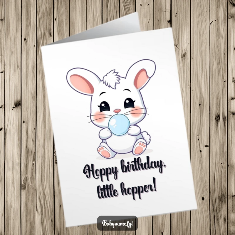 Funny Free Printable Birthday Card: Cheeky baby bunny with a pacifier giggling and bouncing with birthday joy.