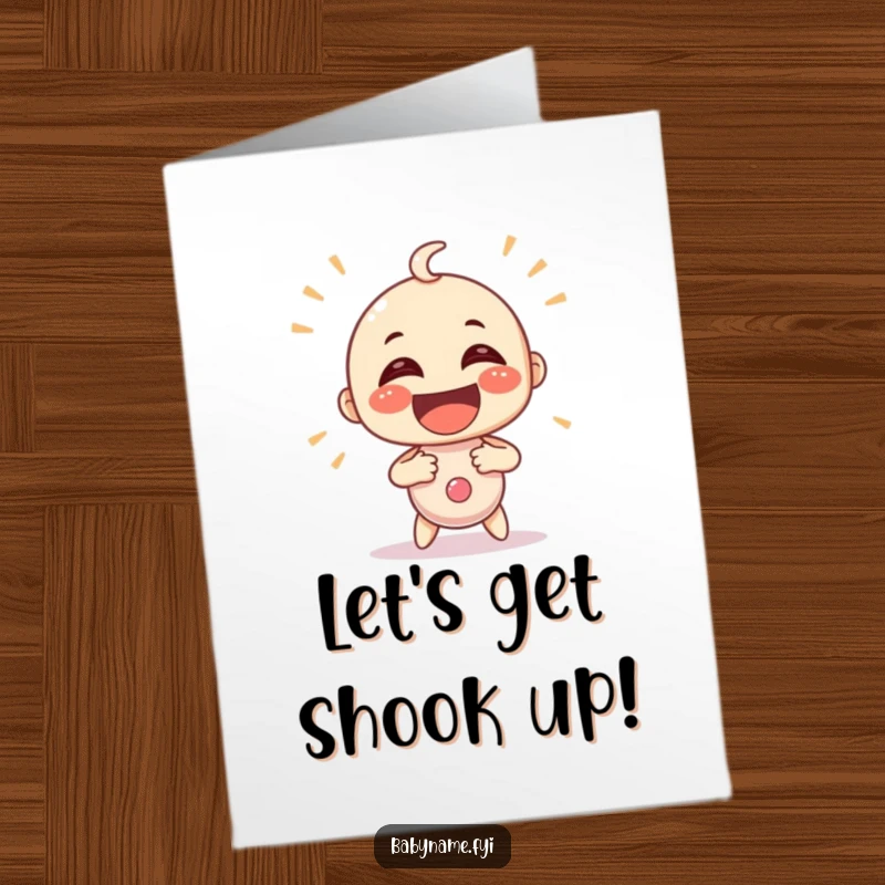 Funny Free Printable Birthday Card, a baby rattle character shaking with exaggerated glee, radiating pure joy and excitement.