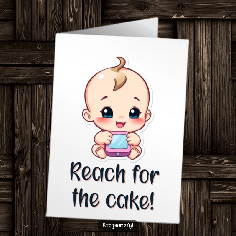Funny Free Printable Birthday Card featuring a happy baby character reaching out with a smile towards a colorful, soft mobile.