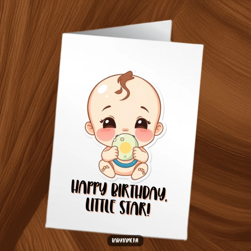 Funny Free Printable Birthday Card: Giggling baby character holding a pacifier, wide smile, perfect for a joyful birthday card.