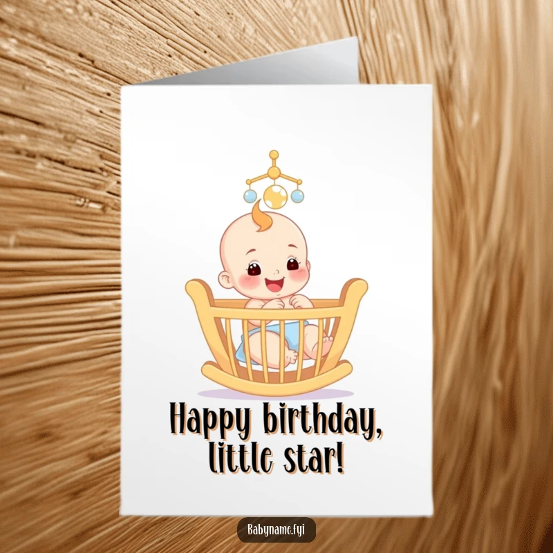 Funny Free Printable Birthday Card: A smiling baby delightedly looking up at a colorful mobile above their crib.