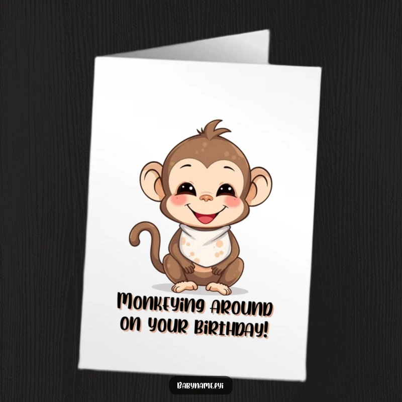 Funny Free Printable Birthday Card: Smiling baby monkey in a bib, covered in food smudges, celebrating.