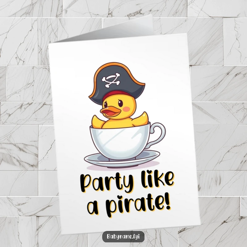 Funny Free Printable Birthday Card: Tiny rubber duck in a pirate hat bravely sails a teacup, ready for birthday adventure.
