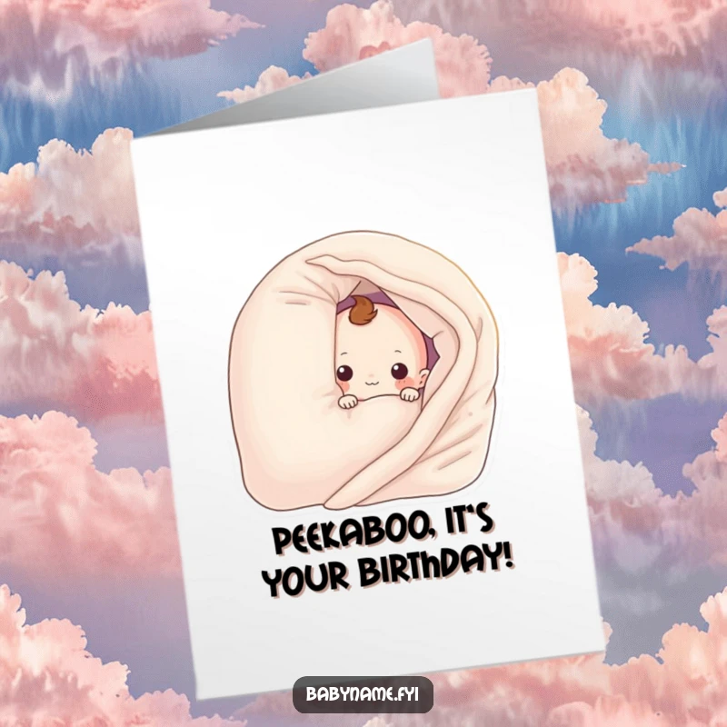 Funny Free Printable Birthday Card, a baby blanket character playfully peeking from behind a pillow, inviting joy and laughter.