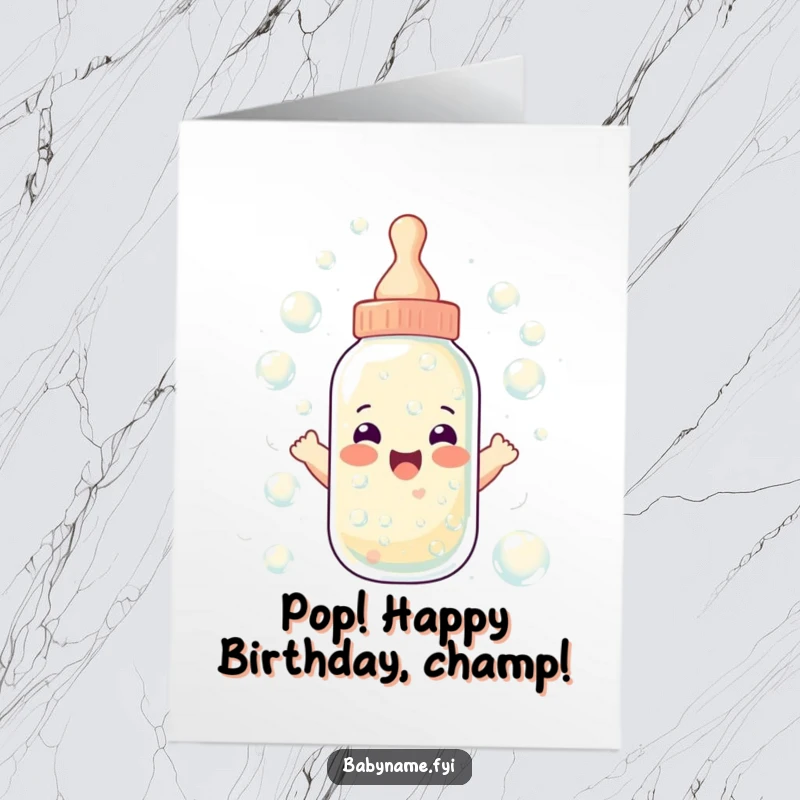 Funny Free Printable Birthday Card: A joyful baby bottle overflowing with delightful, effervescent bubbles. Downloadable gift.