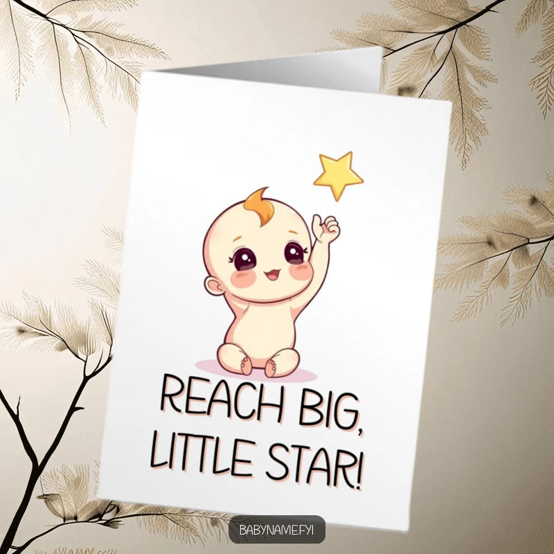 Funny Free Printable Birthday Card: Curious baby character reaching for a twinkling star, dreaming big, print at home.