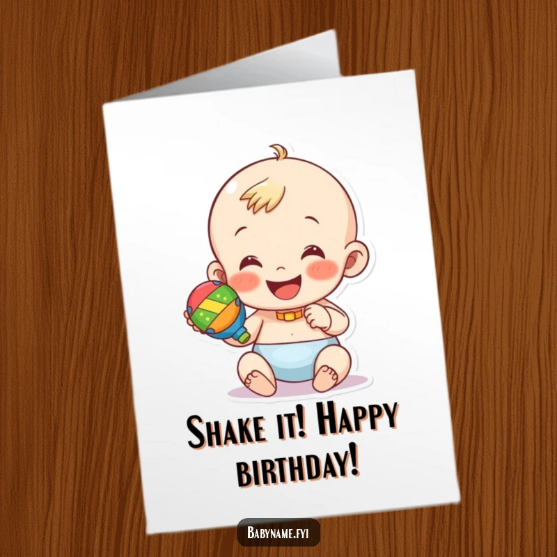 Funny free printable birthday card: cheerful baby holding and shaking a colorful rattle with glee.