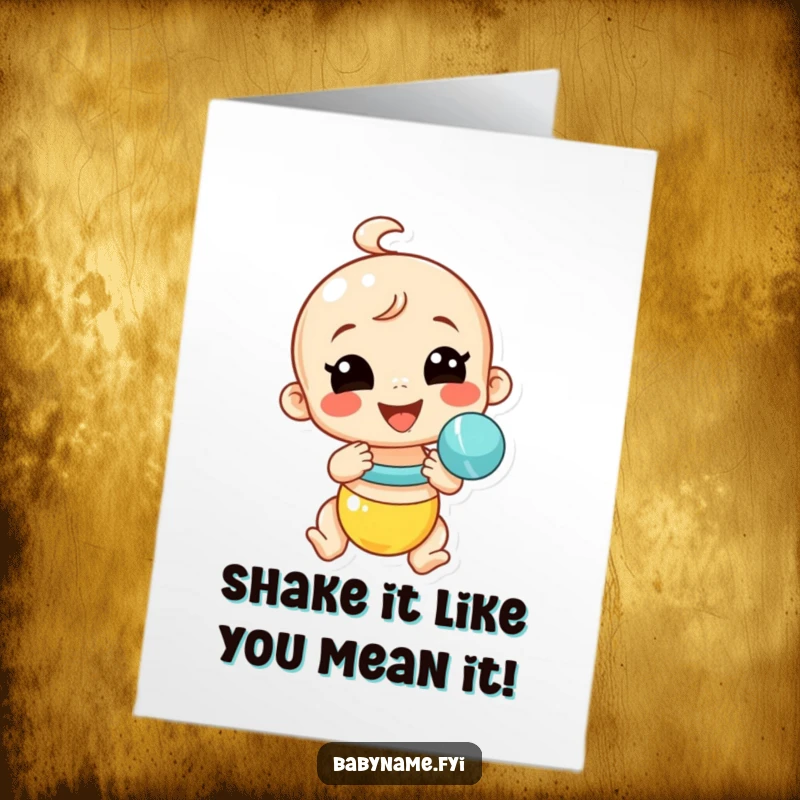 Funny Free Printable Birthday Card: Smiling baby rattle shaking with energetic glee, ready for celebration. Downloadable gift.