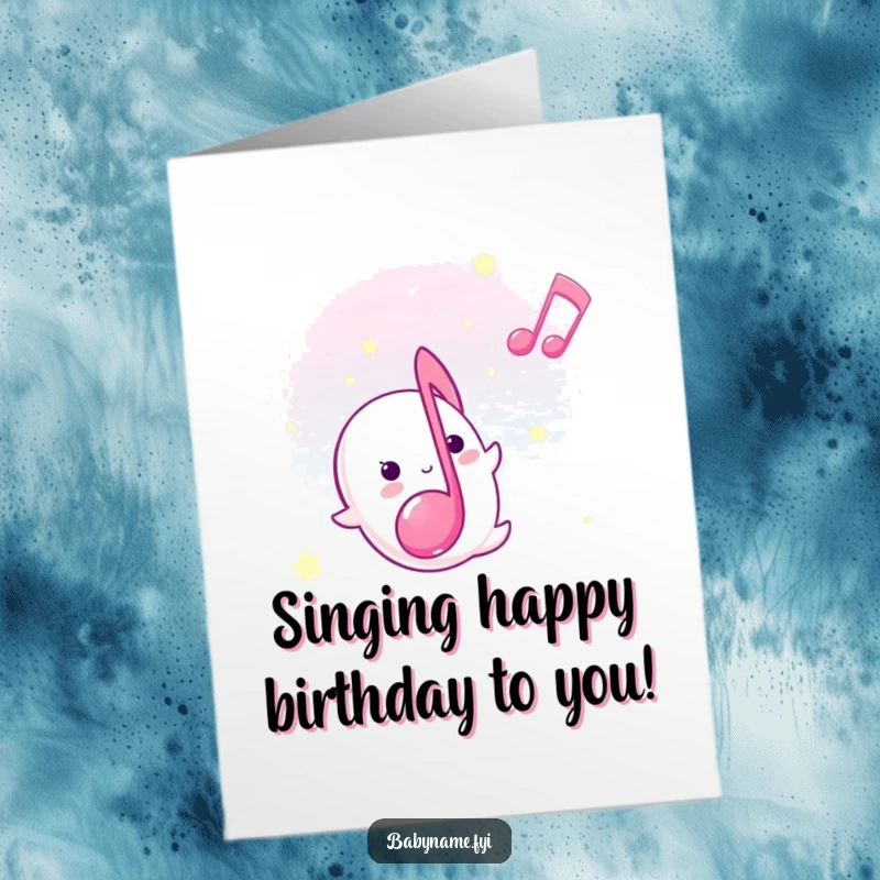 Free Printable Birthday Card: A sweet musical note serenely floats upward, wishing a happy birthday softly.