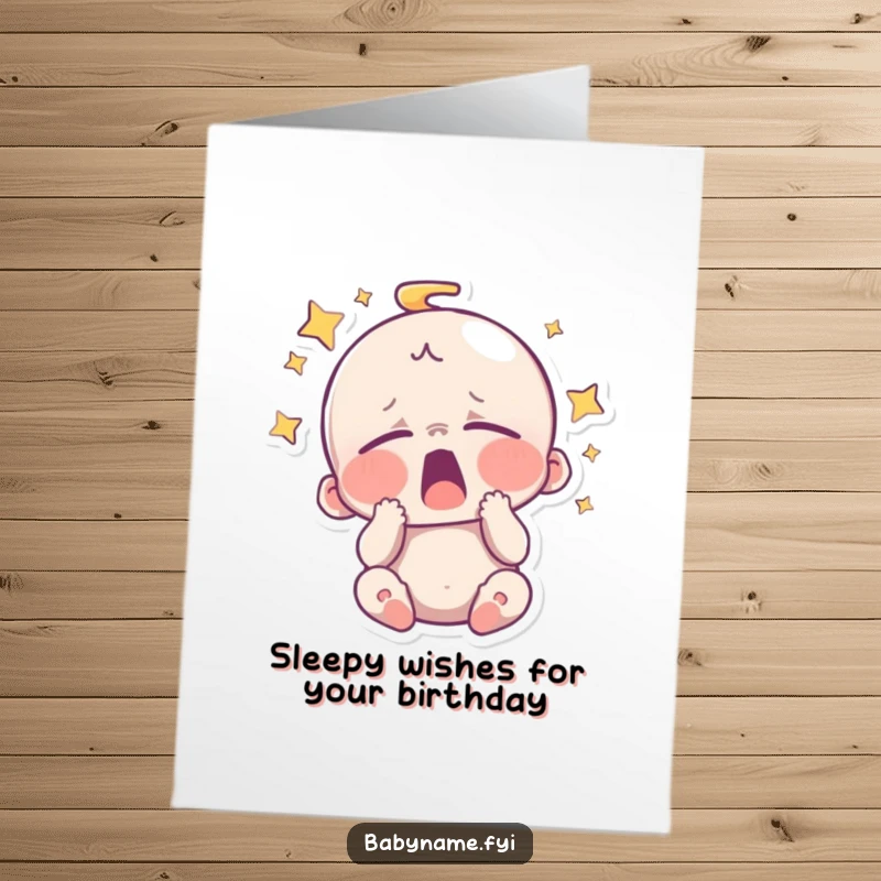 Funny Free Printable Birthday Card: Sleepy baby yawning with stars, sending cozy birthday wishes. A downloadable dose of adorable humor.