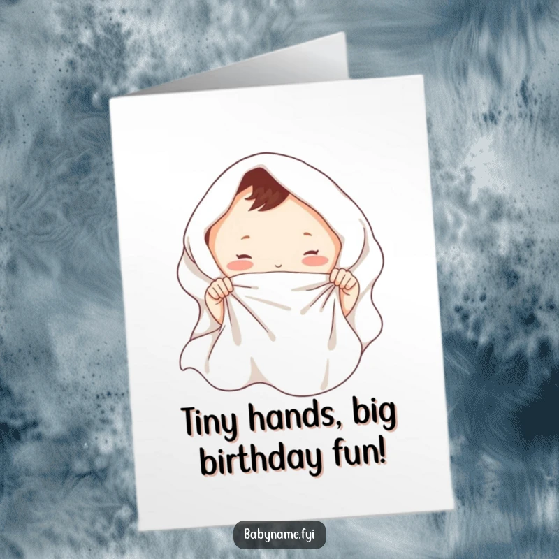 Free Printable Birthday Card: Tiny baby hands playfully tugging a soft blanket, full of birthday joy.