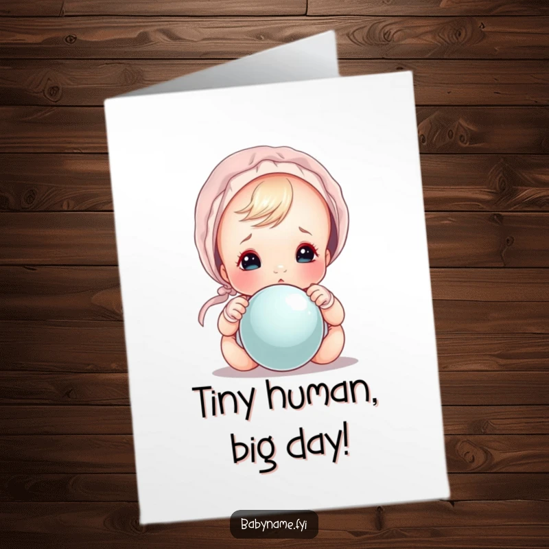 Funny Free Printable Baby Bonnet Card: Adorable baby in bonnet peeking over rattle, perfect for a humorous birthday greeting.