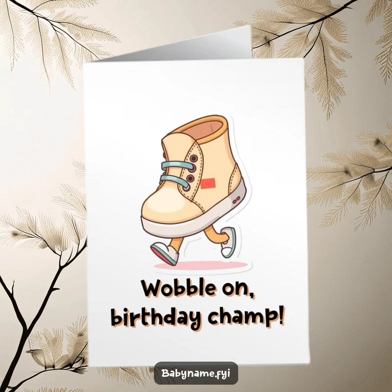 Funny Free Printable Baby Shoe Birthday Card: Baby shoe character comically trying to walk with wobbly steps, a humorous DIY gift.