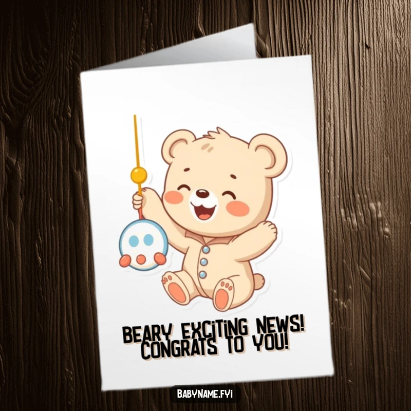 Funny Free Printable Congratulations Card: A baby bear cub in a onesie reaching for a mobile, celebrating success.