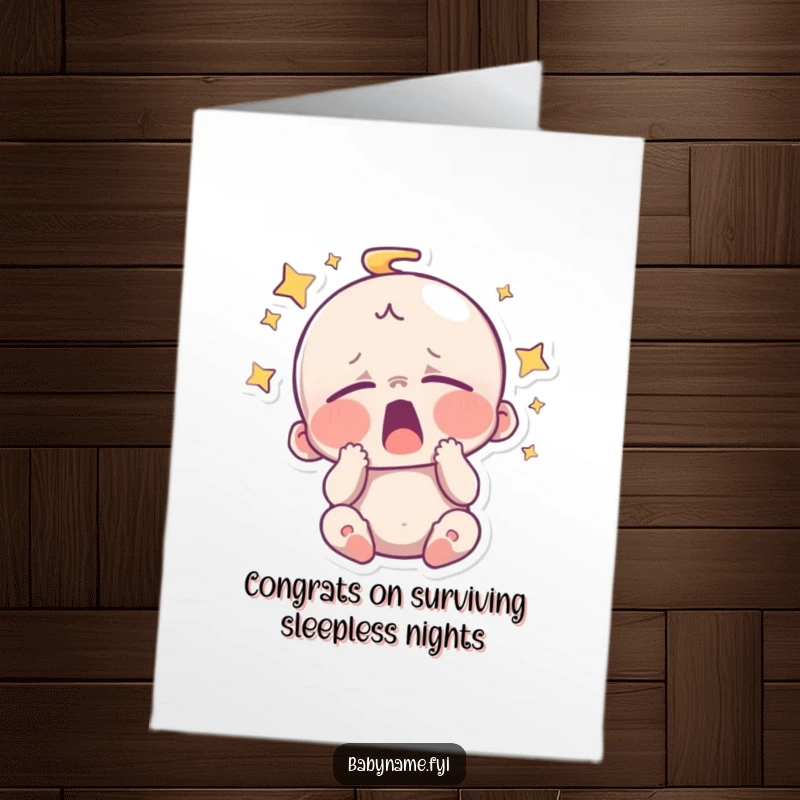 Funny Free Printable Congratulations Card: A sleepy baby yawning surrounded by stars, offering a cute and humorous congratulatory message. Downloadable!