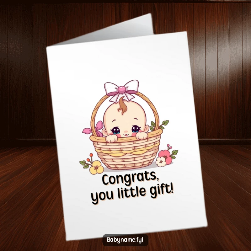 Funny Free Printable Congratulations Card featuring a curious baby character peeking out of a gift basket, perfect for celebrating achievements.