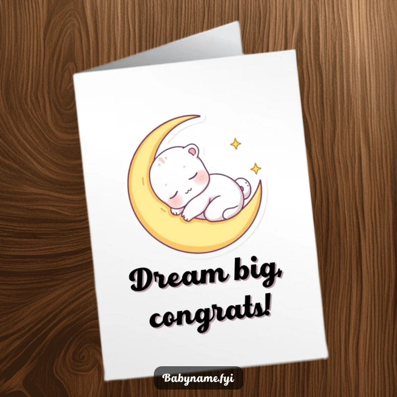 Funny Free Printable Congratulations Card showing a content baby animal peacefully sleeping in a soft crescent moon.