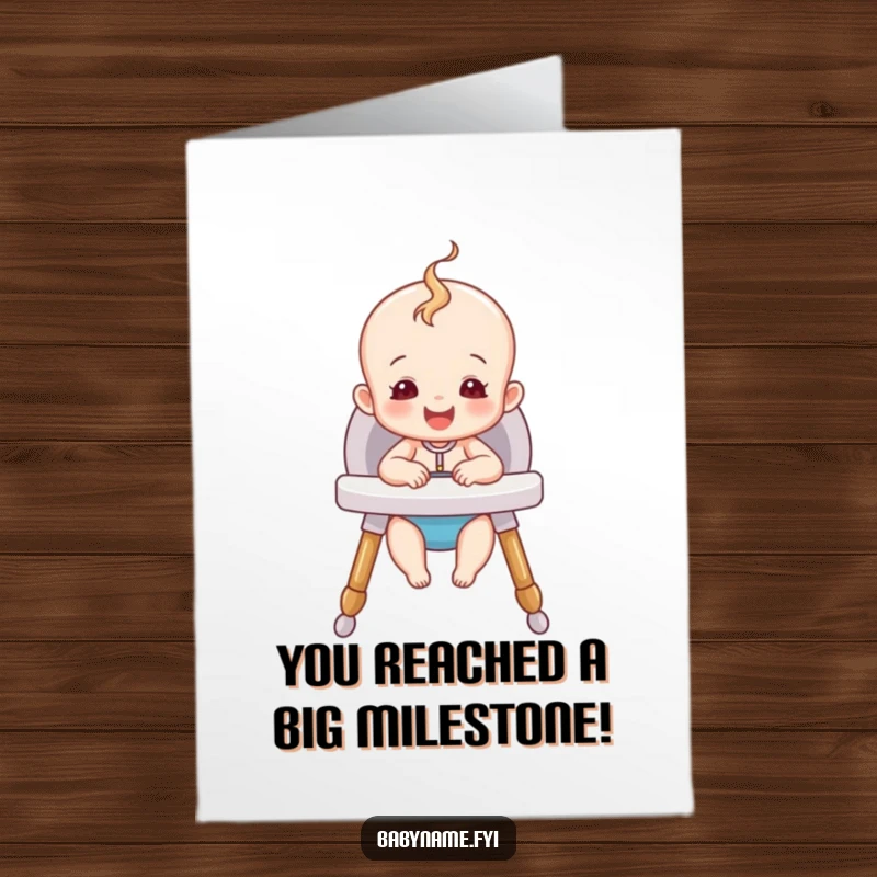 Funny Free Printable Baby Congratulations Card: A happy baby character sitting contentedly in a cozy, safe high chair.
