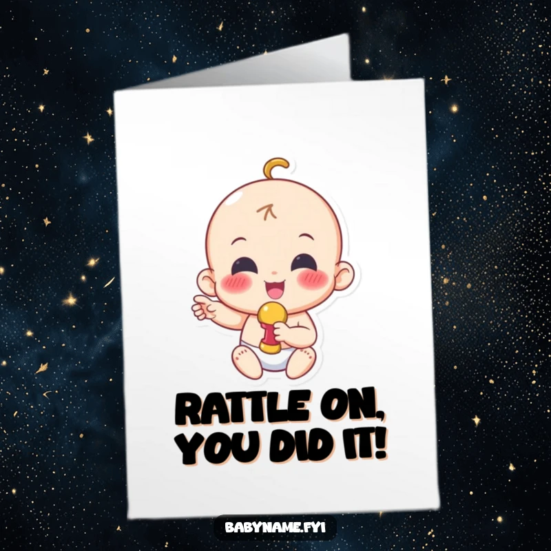 Funny Free Printable Congratulations Card showing a delighted baby character enthusiastically shaking a small rattle, celebrating success.