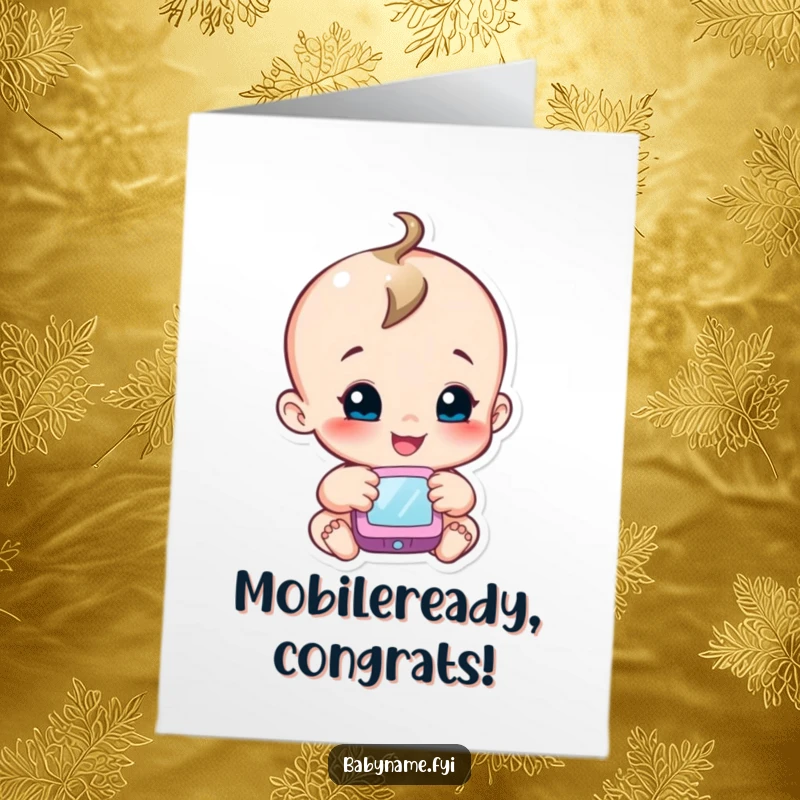 Funny Free Printable Congratulations Card showing a baby character smiling as they reach towards a gentle, soft baby mobile.