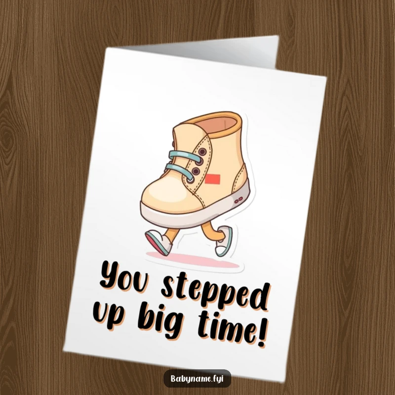 Funny Free Printable Baby Shoe Congratulations Card: Wobbly shoe character taking first steps, a sweet celebratory DIY gift.