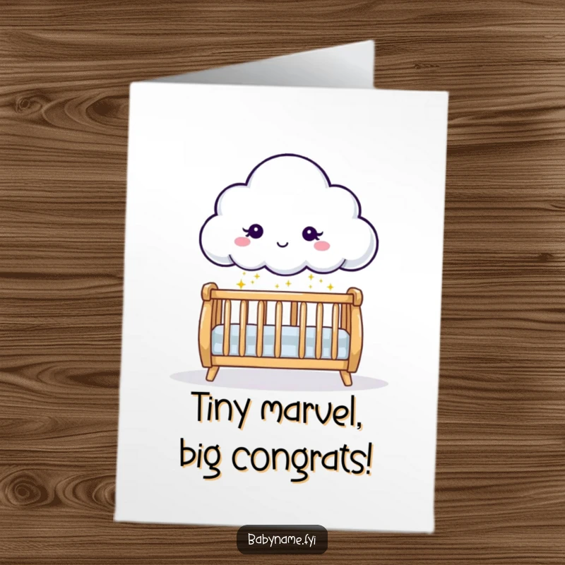 Funny Free Printable Cloud Congratulations Card: Playful character showering a crib with sparkles, a cute celebratory DIY gift.