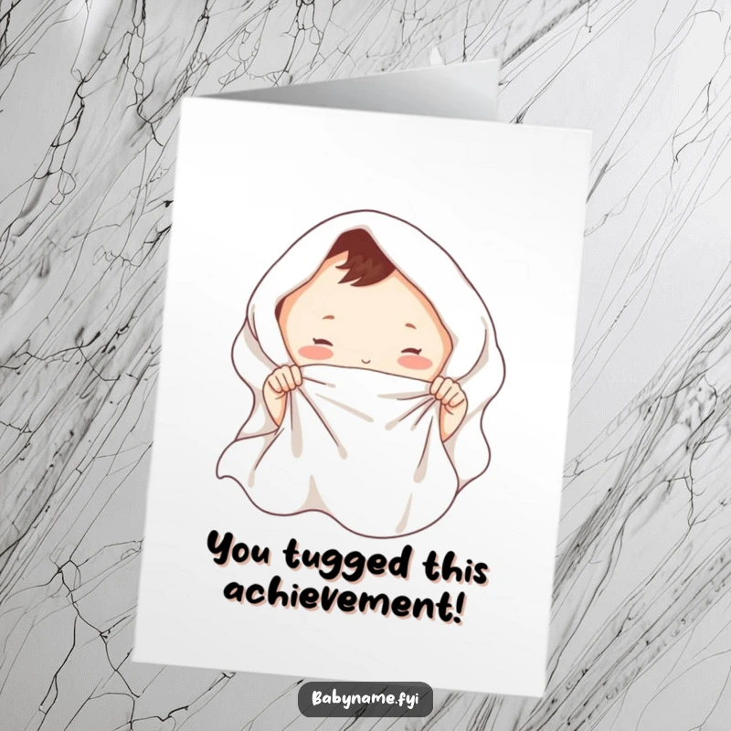 Free Printable Congrats Card: Tiny hands playfully tugging a soft blanket, celebrating new beginnings.