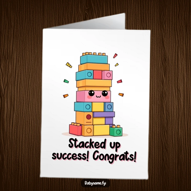 Funny Free Printable Congratulations Card: Confused stack of colorful blocks attempts to build itself, celebrating your awesome achievement.