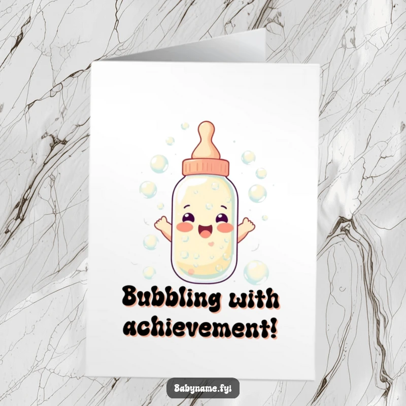 Funny Free Printable Congratulations Card: A joyful baby bottle overflowing with a cascade of cheerful bubbles. Downloadable art.