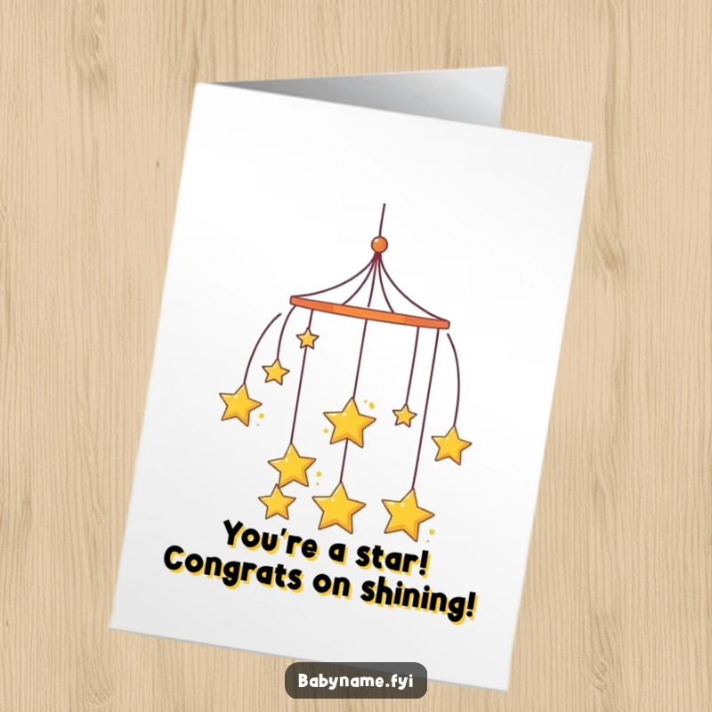Funny Free Printable Congratulations Card: Curious mobile with hanging stars, celebrating someone's brilliant success.